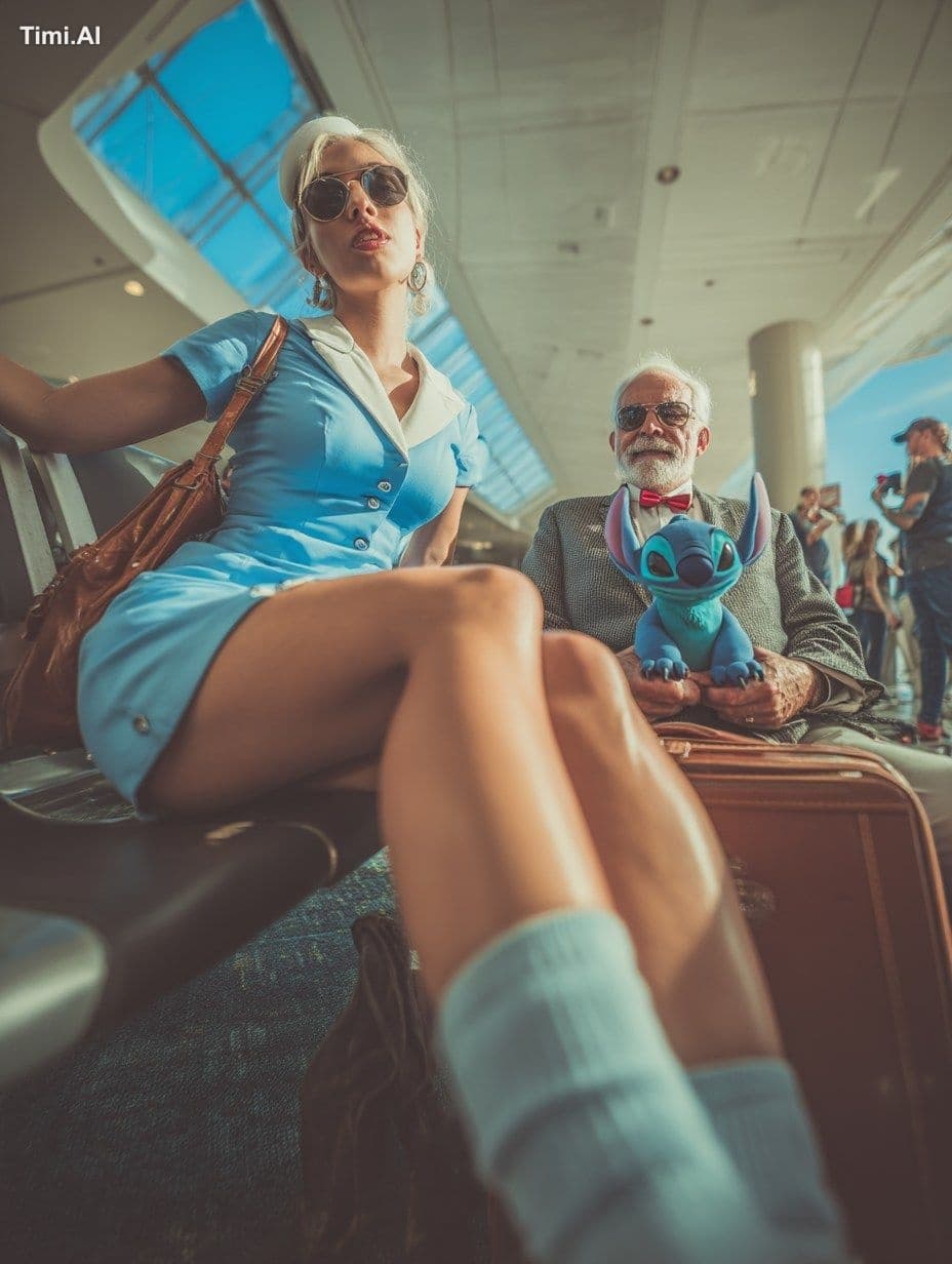 pov selfie of an old man at baggage claim with a fashionable