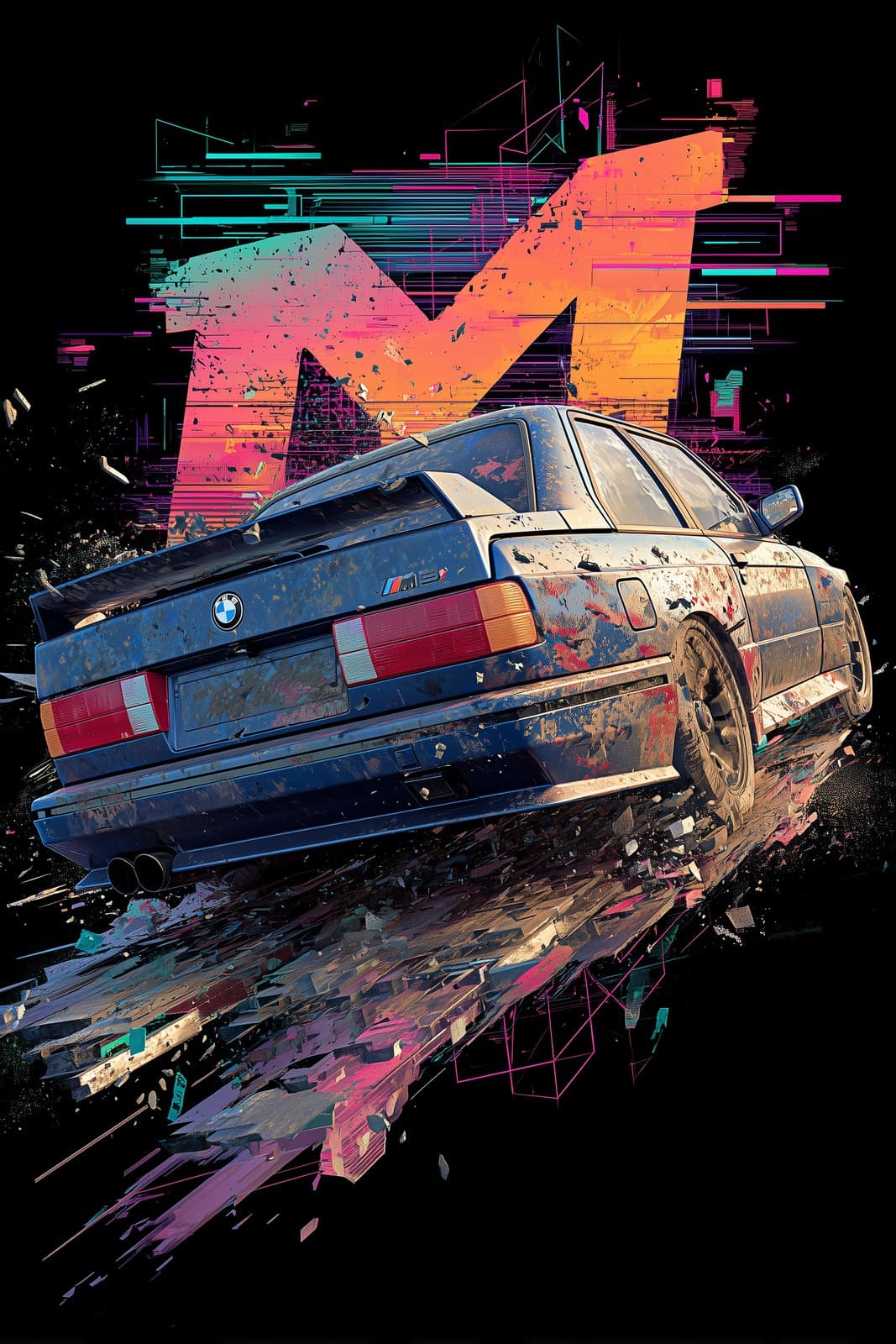 BMW M3 E30 rear 3/4 view, iconic sports car disintegrating i