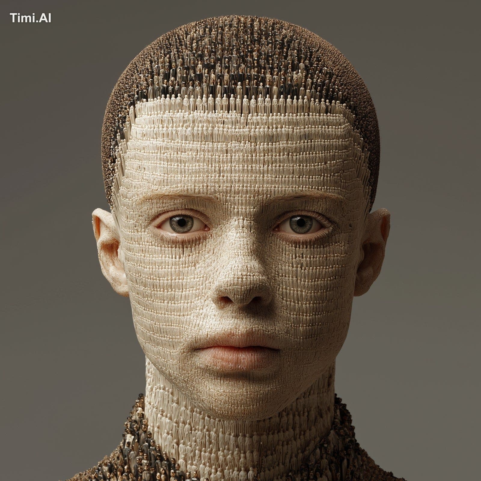 A giant photorealistic human head made up of thousands of sm