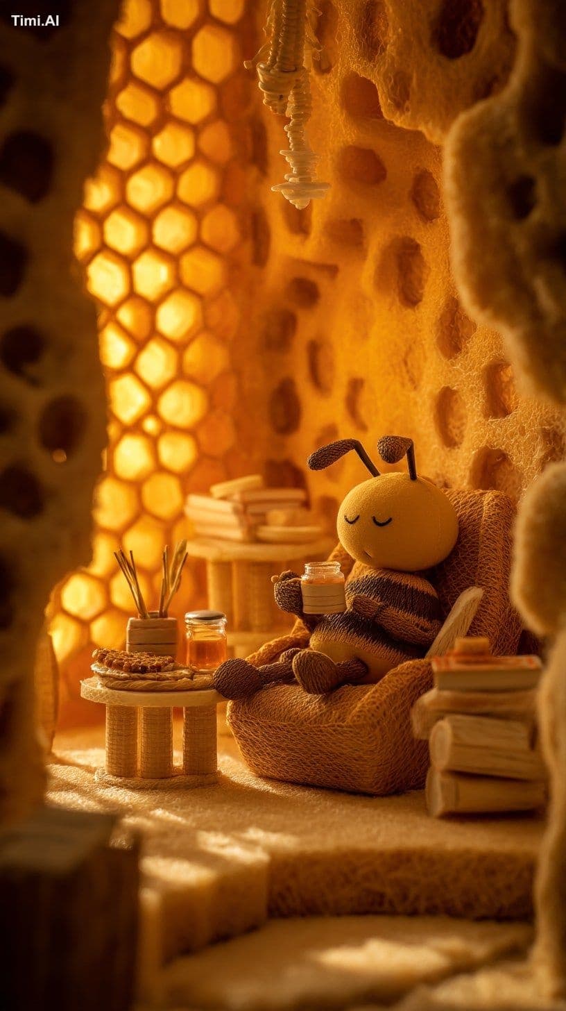 In a whimsical setting, a bee lounges comfortably on a plush