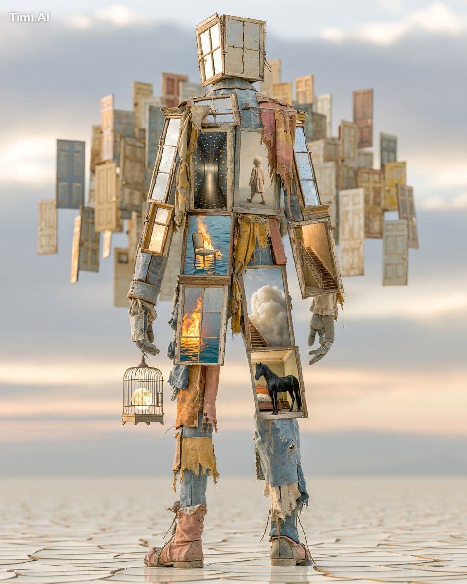 Vertical full body surreal portrait, dramatic frontal compos