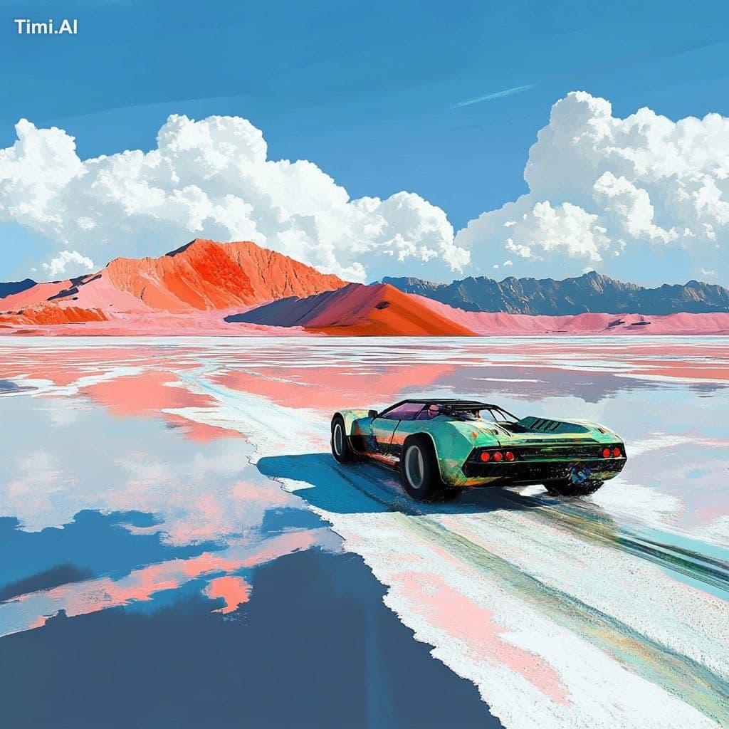 a high performance car driving through salt flats. There are