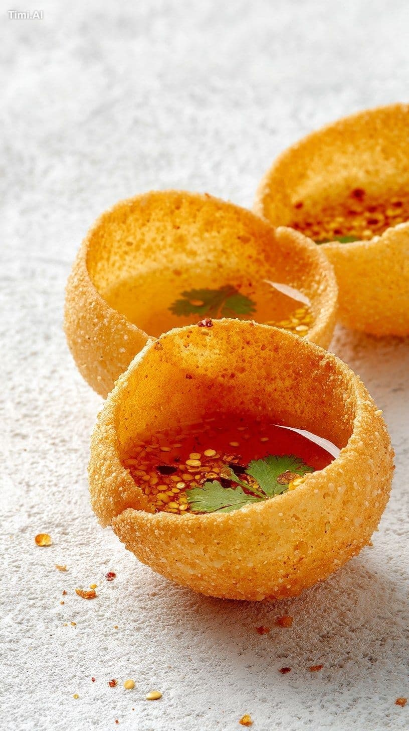 Spicy Pani Puri hollow crisps with spicy water, three-quarte