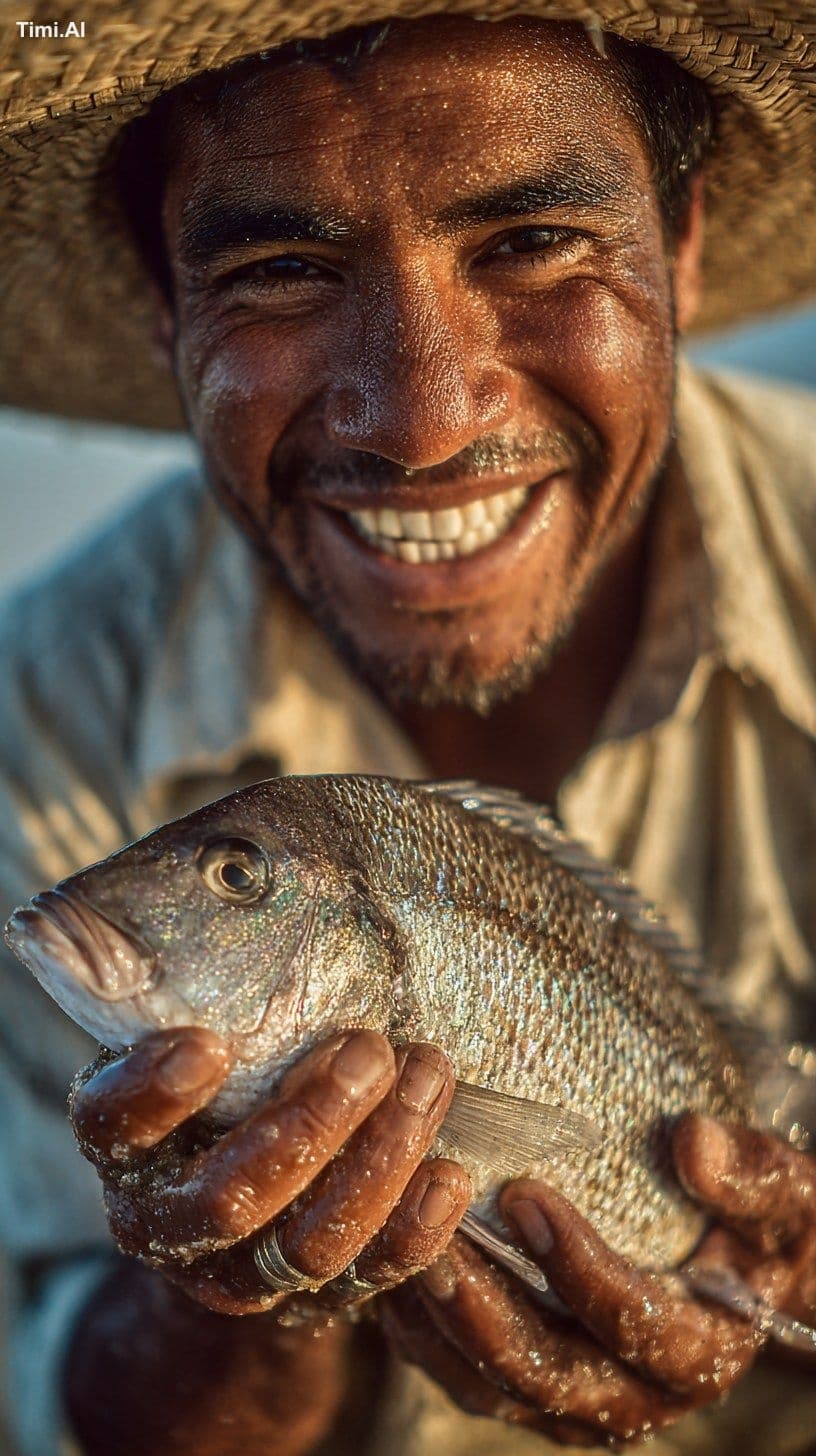 Close-up portrait of a smiling Mexican fisherman holding a f