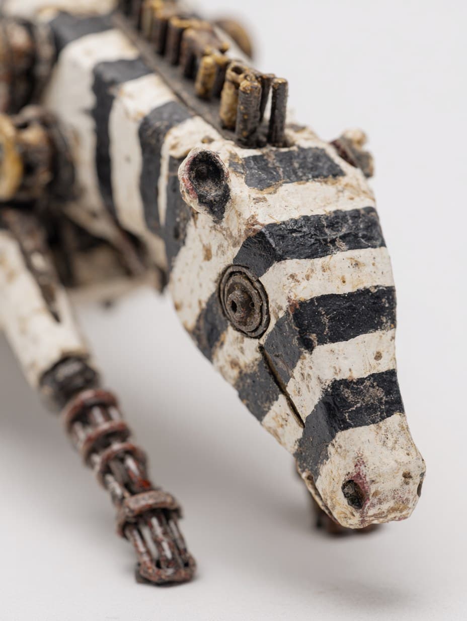 a wooden robot zebra with four legs, covered in black and wh