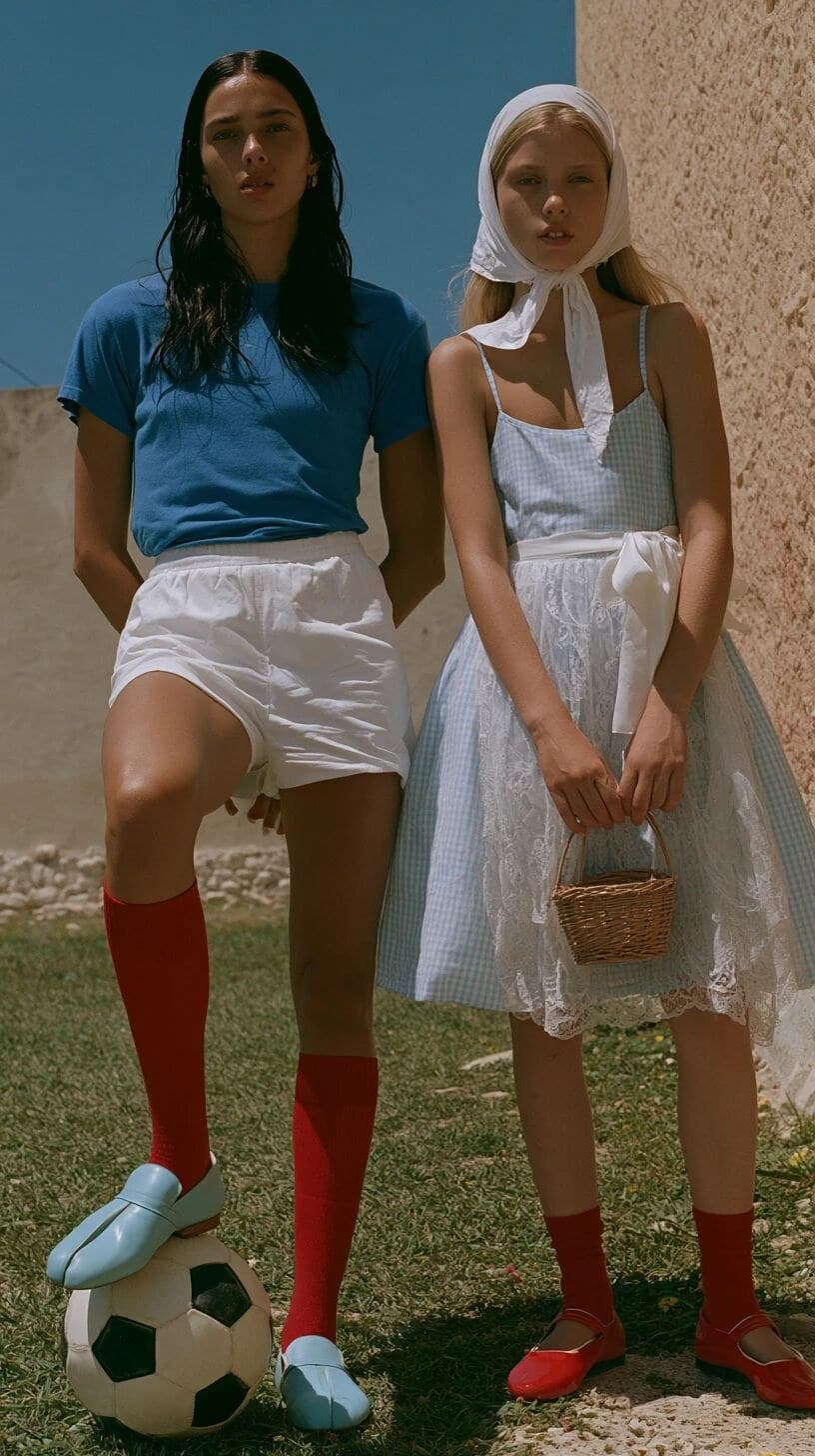 Two full body fashion models side by side, high fashion edit