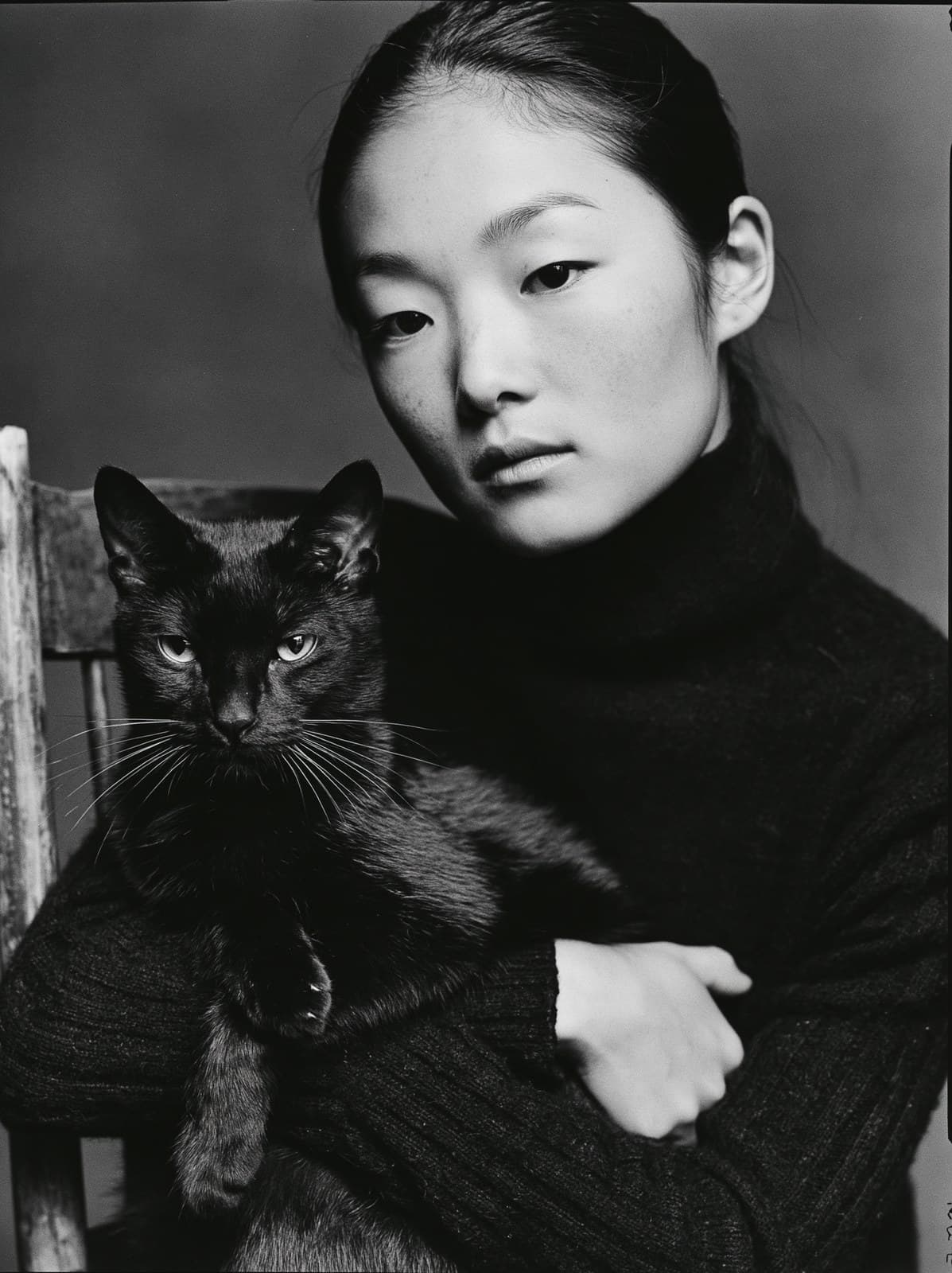Fine art black and white portrait, woman seated in a vintage