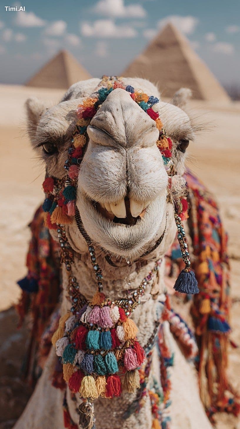 Close-up of a decorated camel in traditional colorful orname