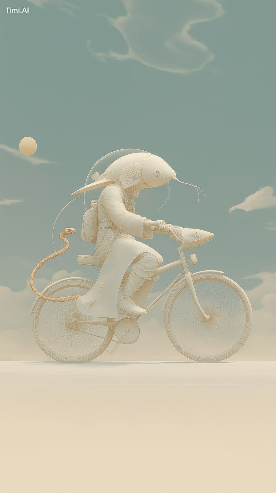 A humanoid fish riding a bicycle, dressed in white futuristi