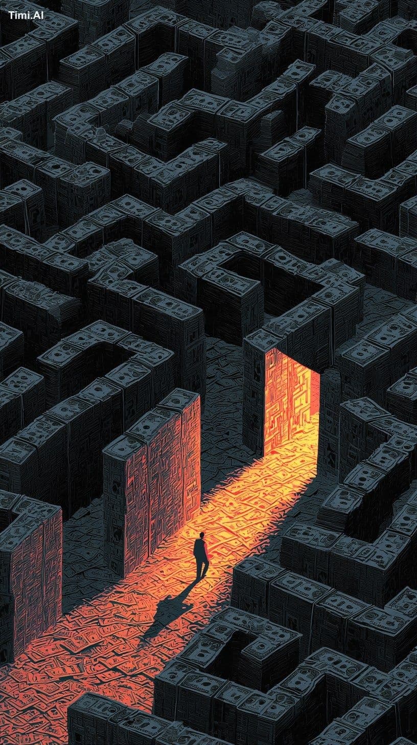 A dark maze filled with collapsing walls of money, faceless 