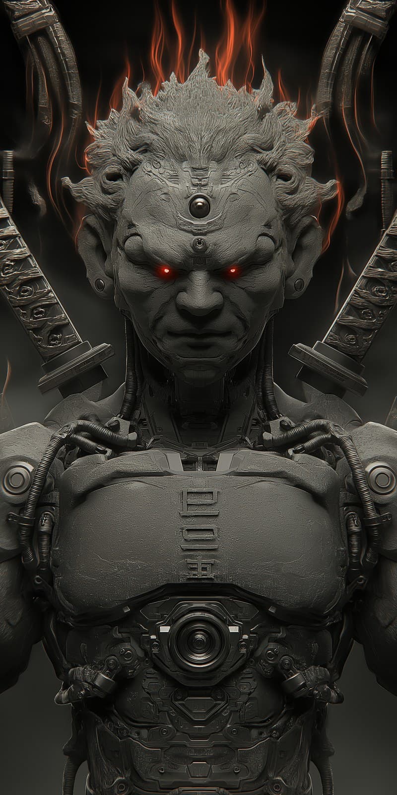 ultra-realistic robotic statue of Fudō Myō-ō, fierce express