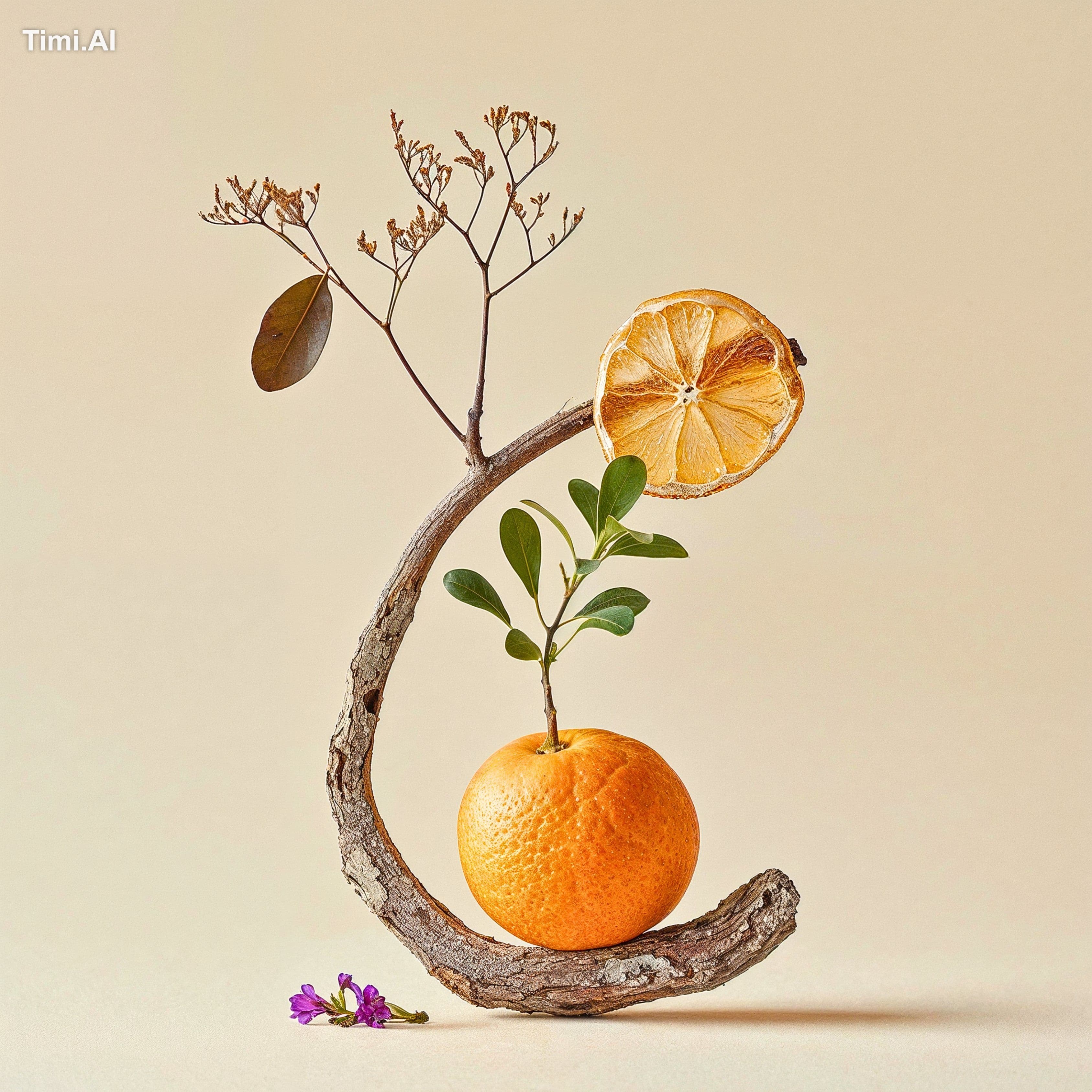 A single orange fruit at the bottom with a slice of dried le