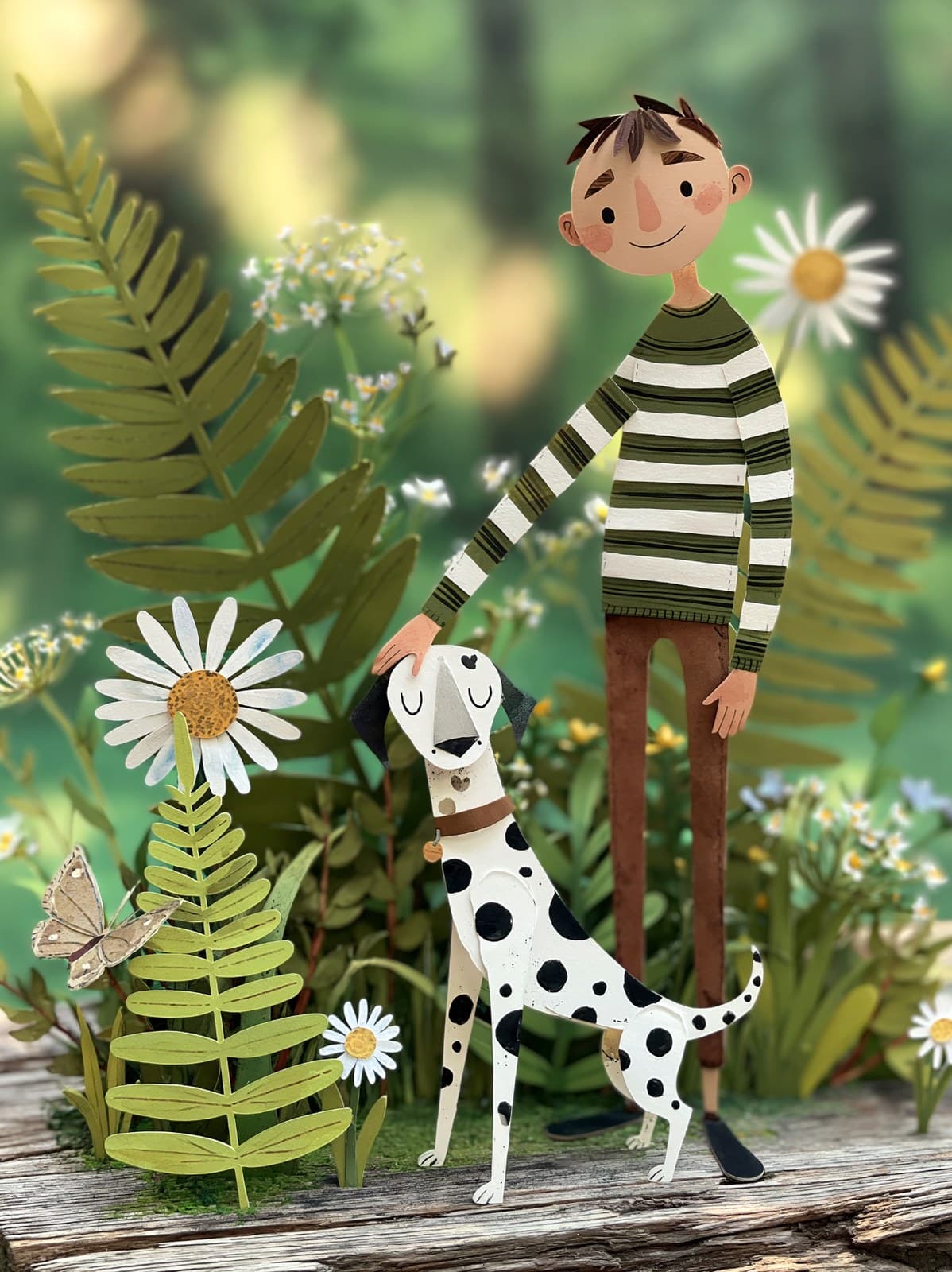 Paper-cut art diorama of a smiling man in a striped sweater