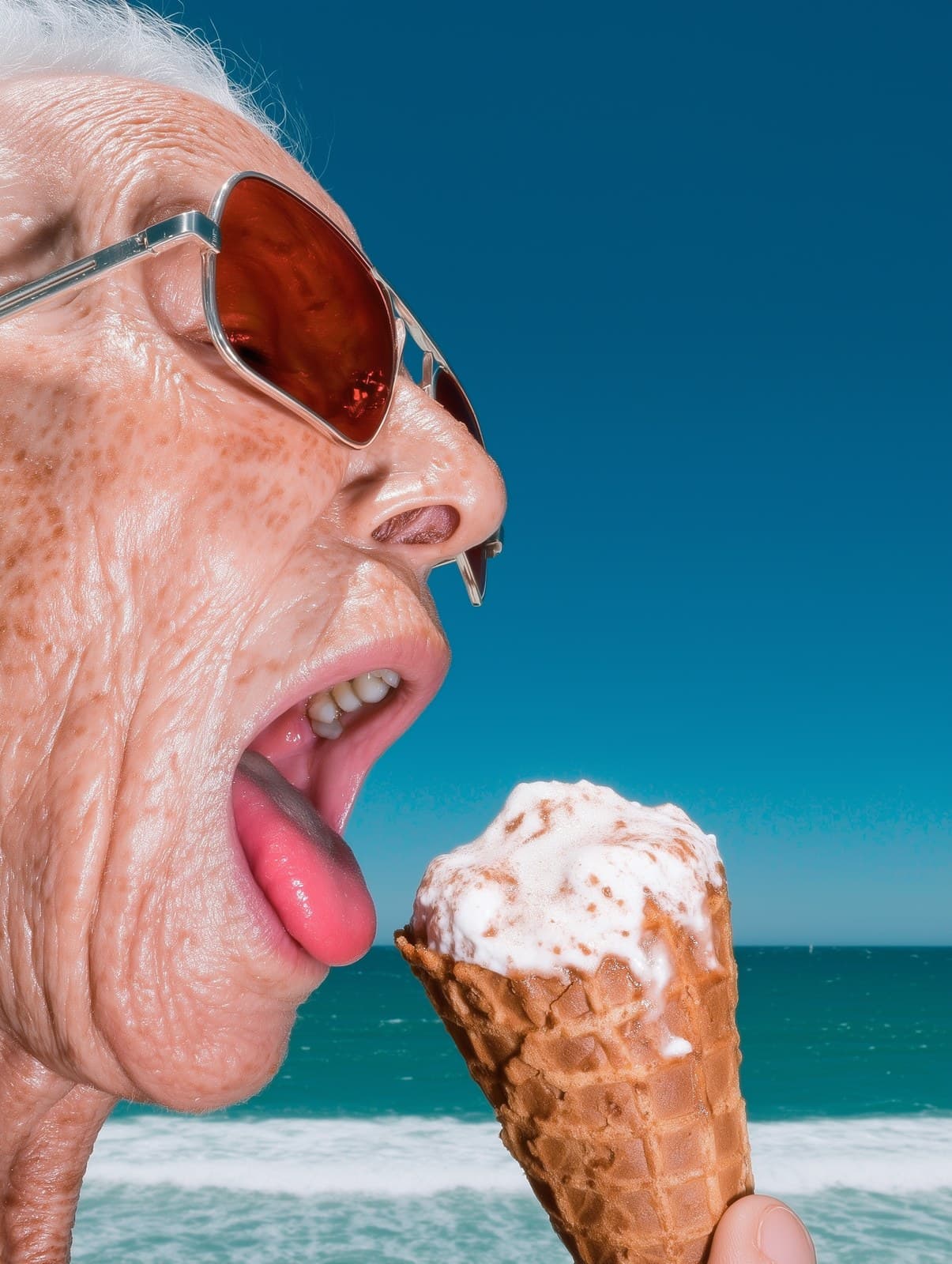 close-up side profile of an elderly woman eating a melting v