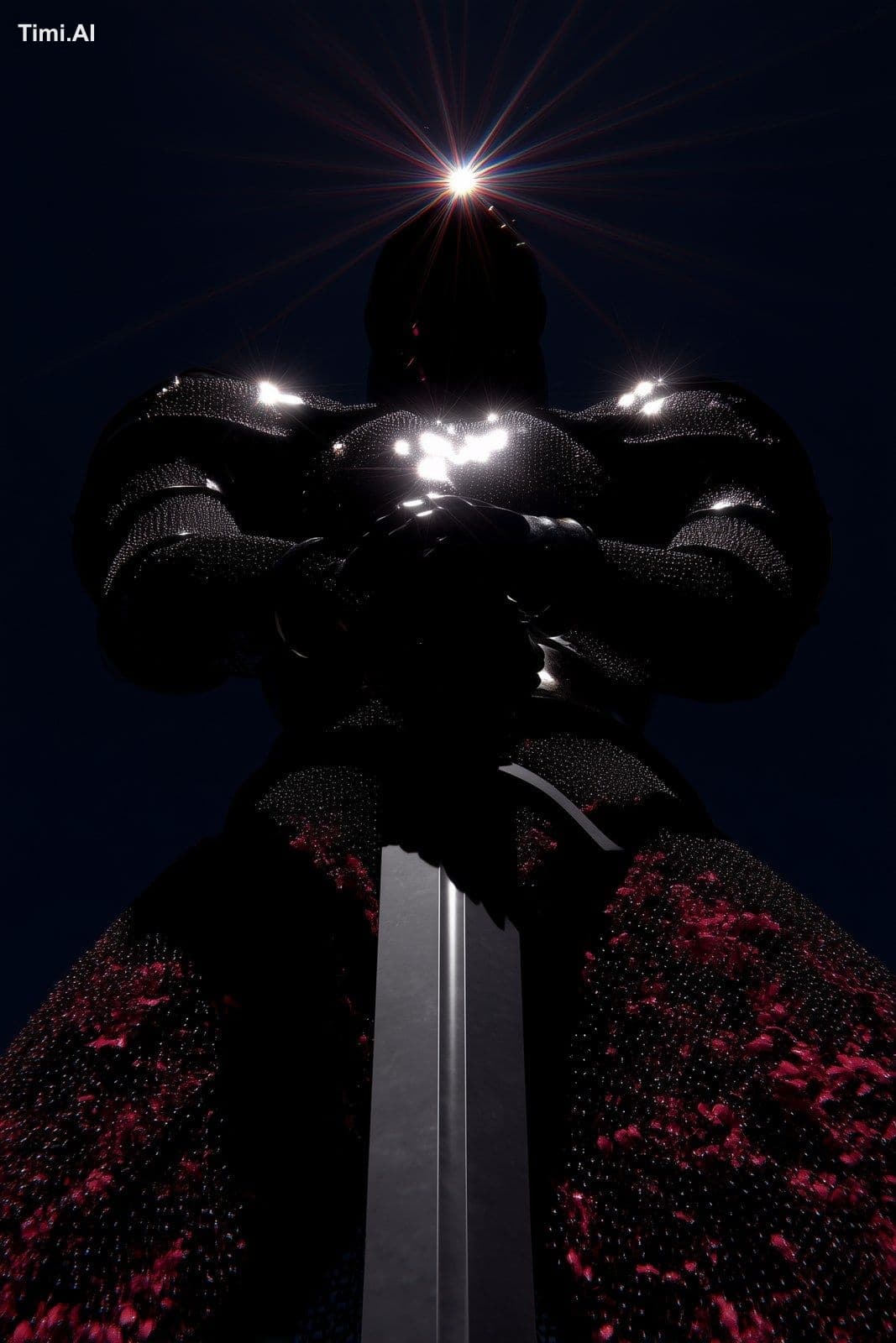 Prompt: "A towering chrome knight viewed from worm’s-eye per