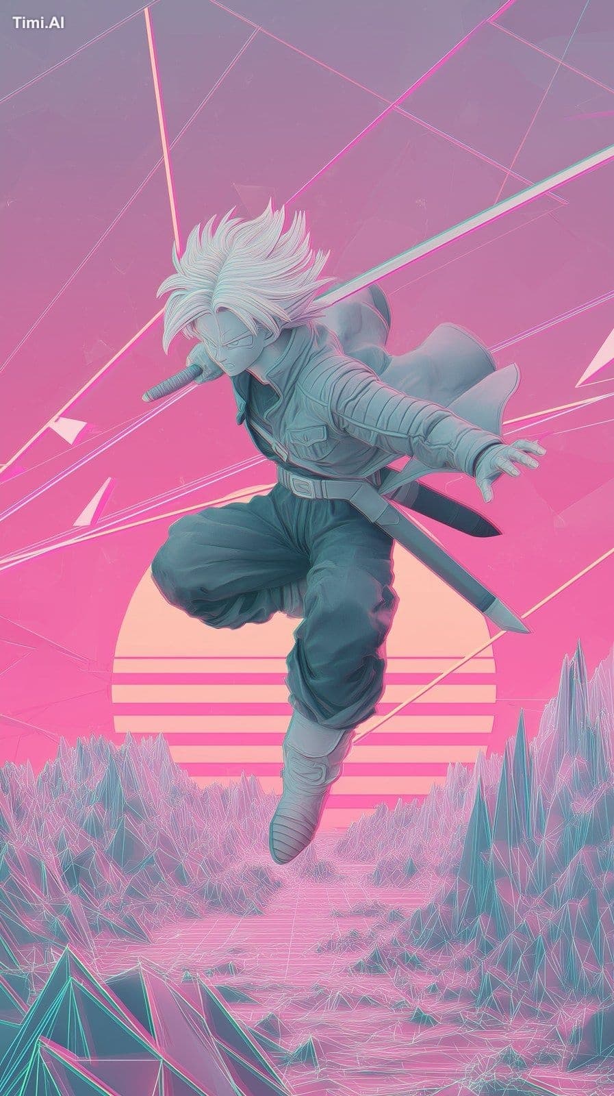 Dragon Ball Z stylized vaporwave poster, Trunks leaping forw