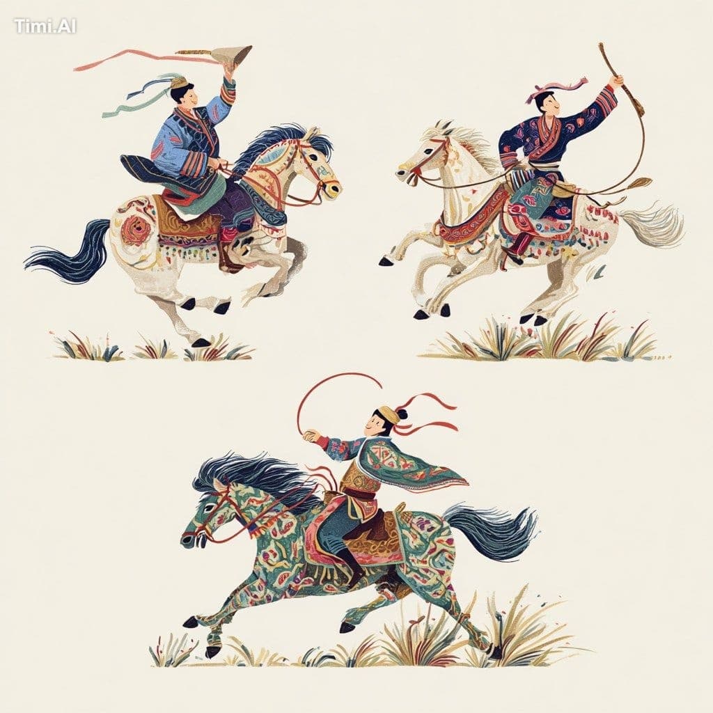 Generate a set of illustrations of people riding horses, hol