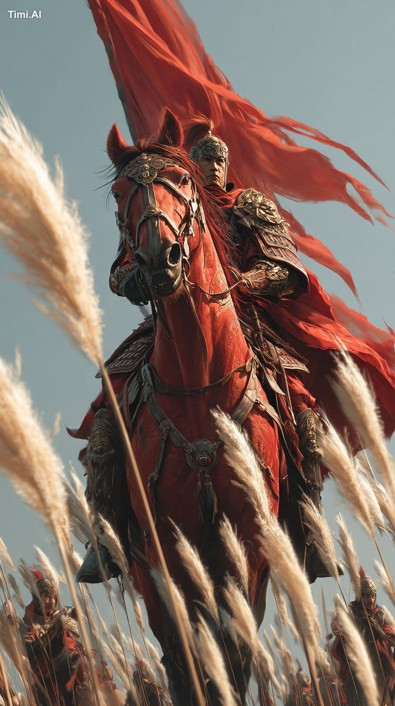 A flamboyant Chinese general rides a bright red warhorse int
