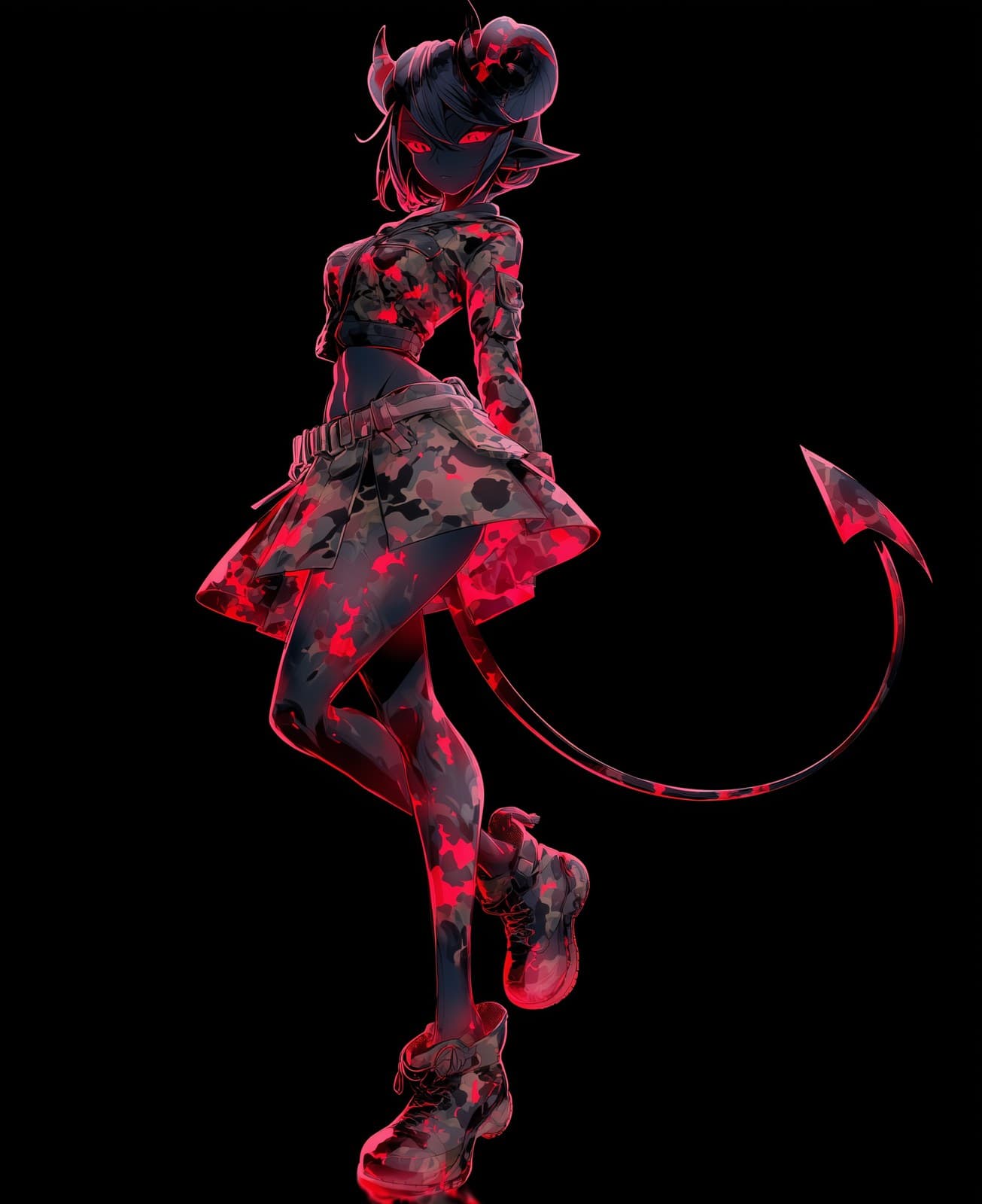 an anthropomorphic demon with black and red skin, wearing a