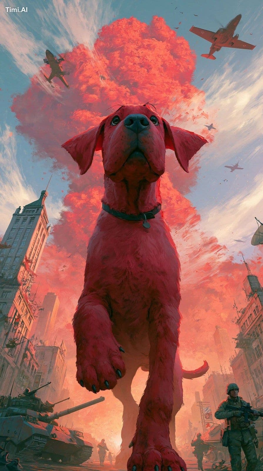 wide shot front view of massive red dog like Clifford destro