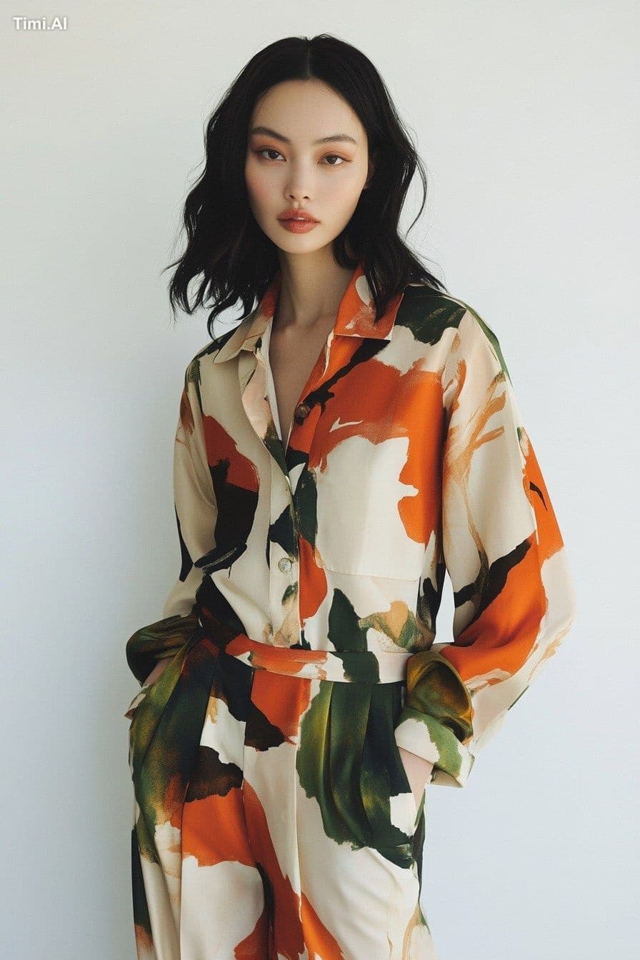 Generate an image of the model wearing Topus satin shirt dre