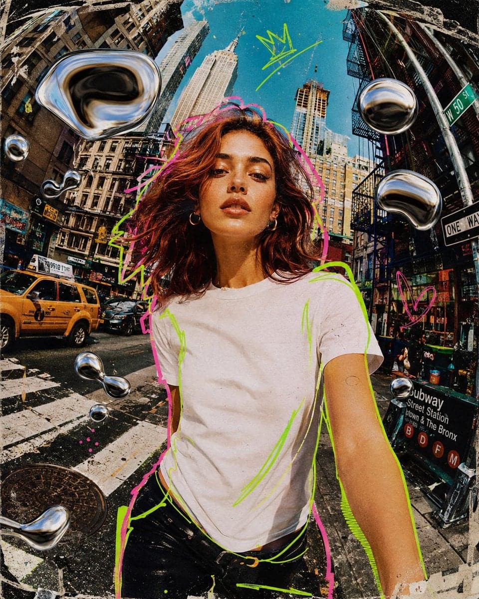 Mixed media collage animation style, a stylish young woman w