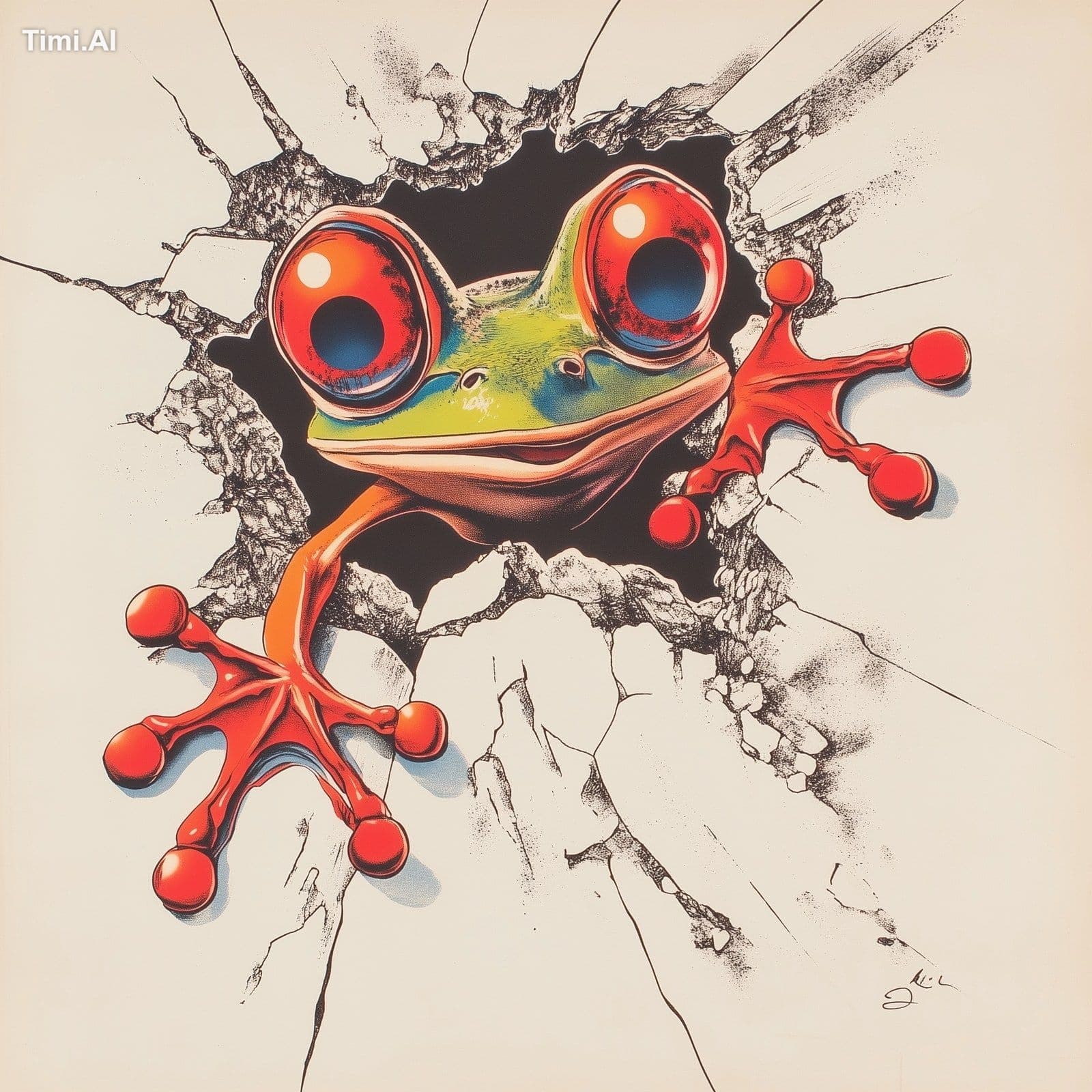 a vintage poster of a strange cartoon frog coming through a 