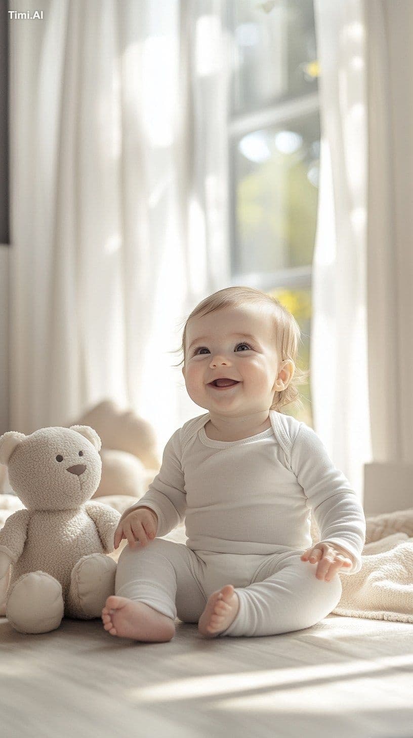 Show a happy baby sitting on the floor, surrounded by soft t