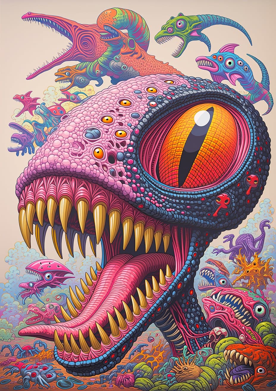 a piece of art is shown with many different xenomorphs, in t