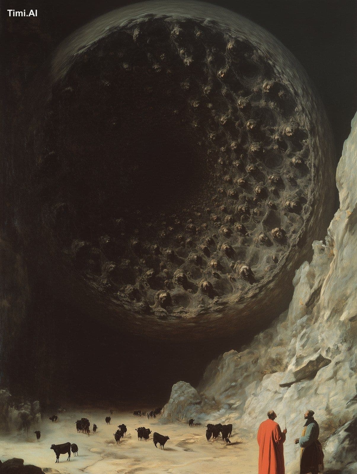 a man meeting a spherical fractal structure of a cows , frac