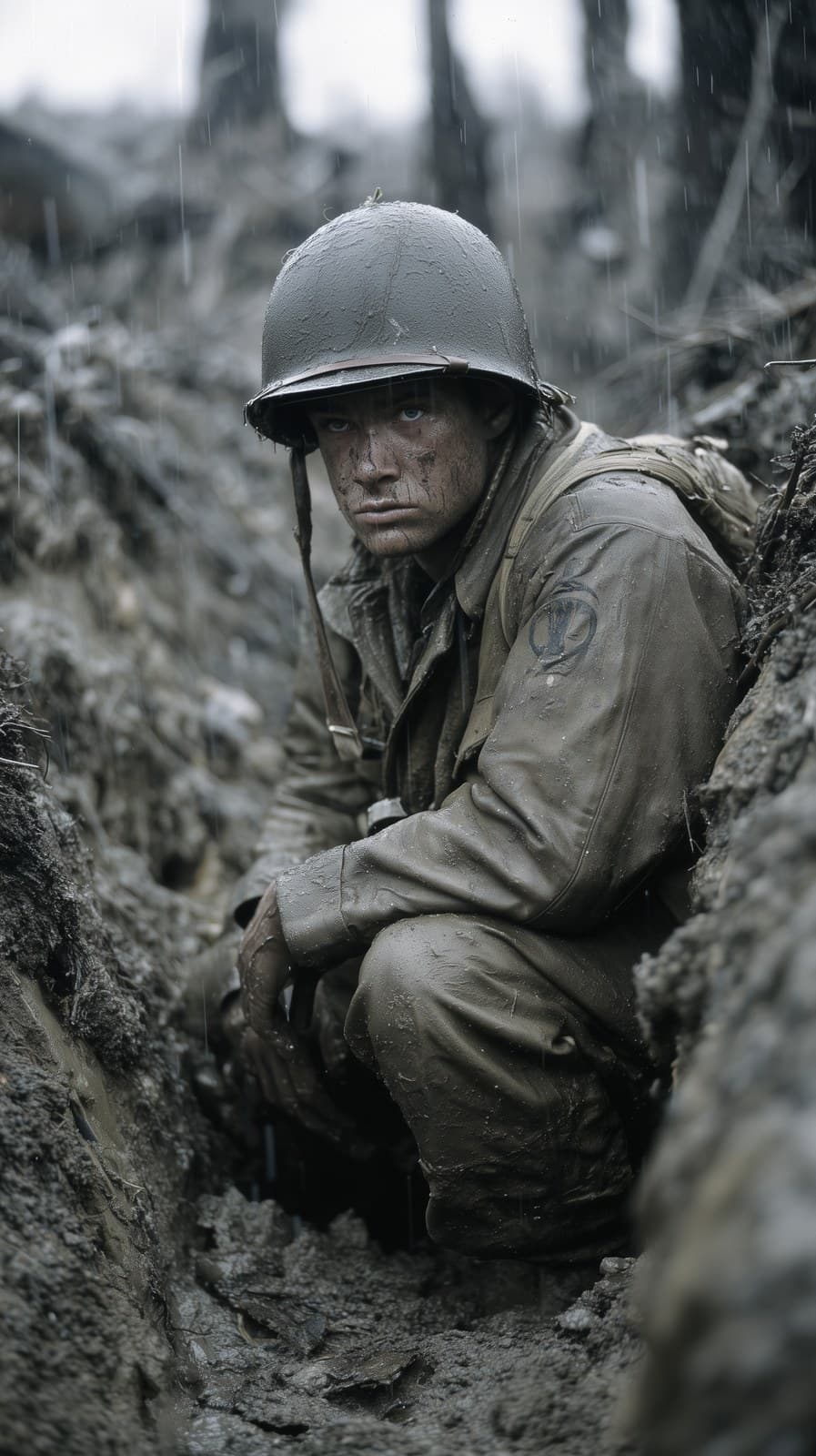 A weary World War II American infantryman crouches deep insi