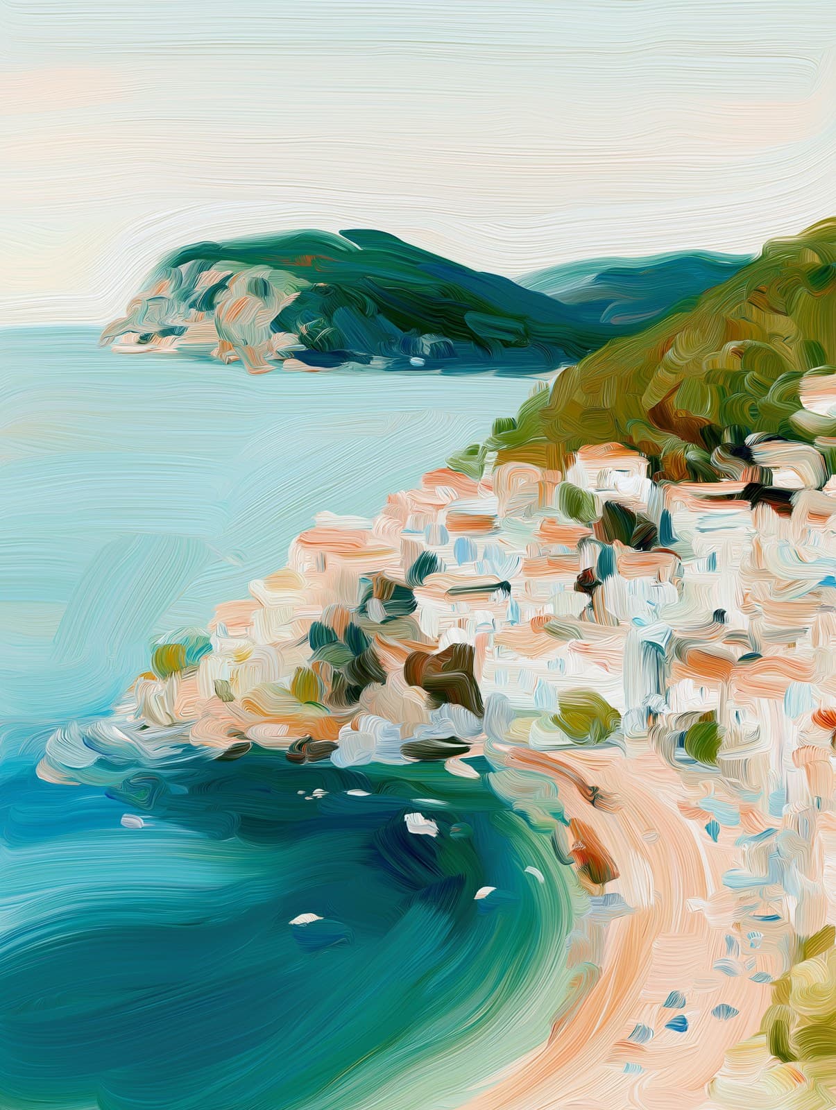 Aerial birds eye view of a Greek island beach, expressive im