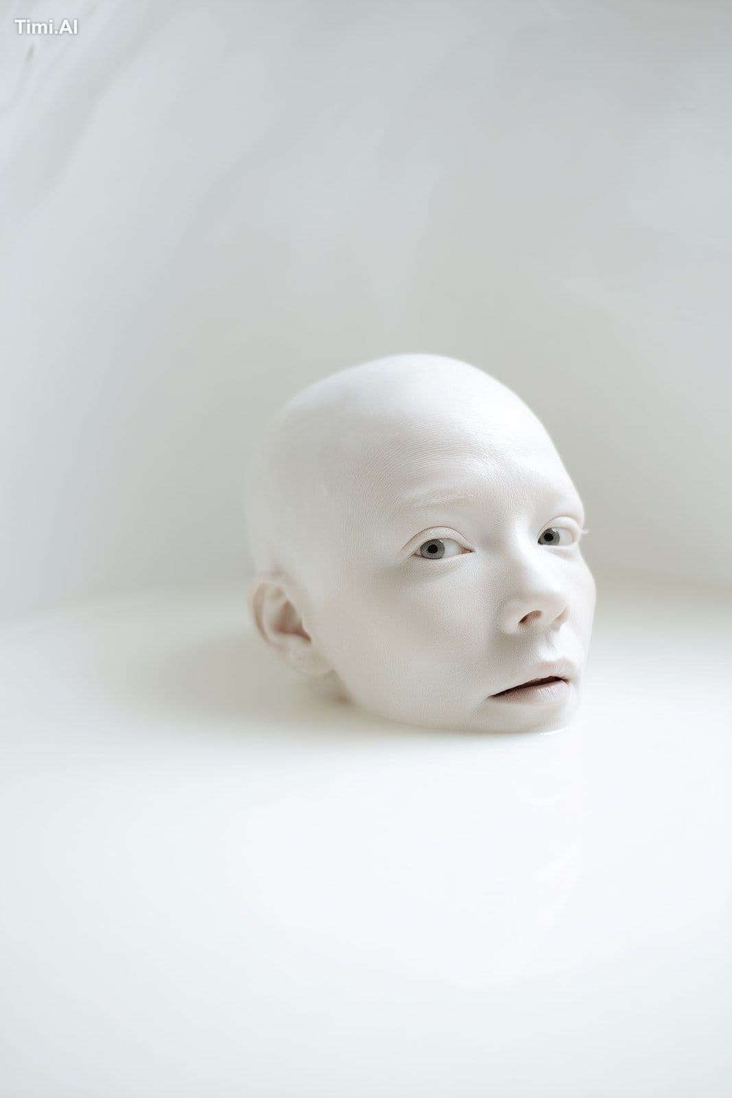 An albino Japanese woman peeking out of a vast pool of white