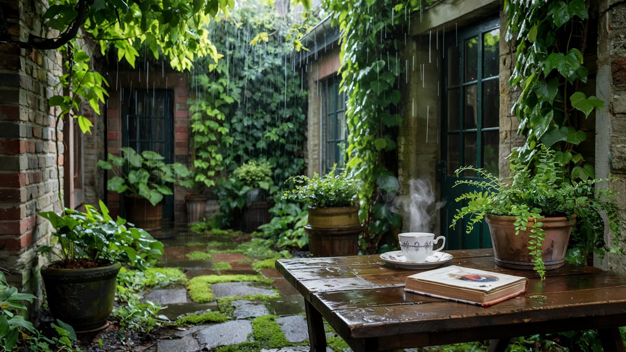 A small courtyard garden bathed in soft rain, with a table s