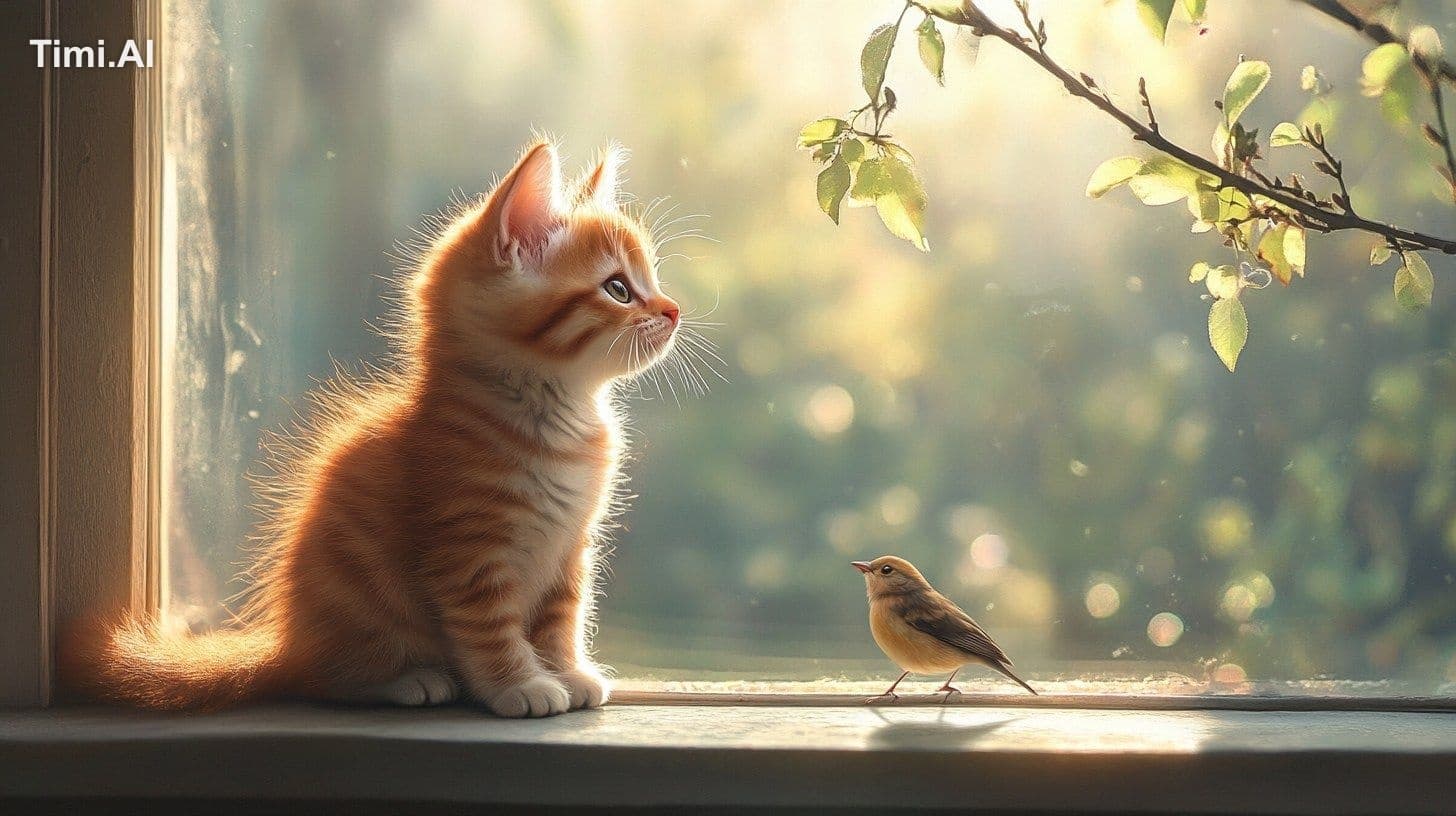 A realistic kitten is sitting on the windowsill. Its body po