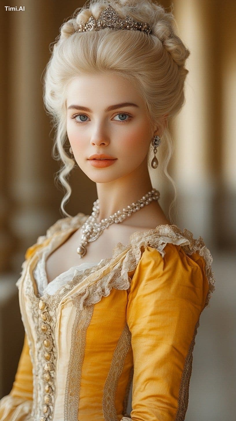 woman with blond hair in exquisite Victorian ball gown. rich