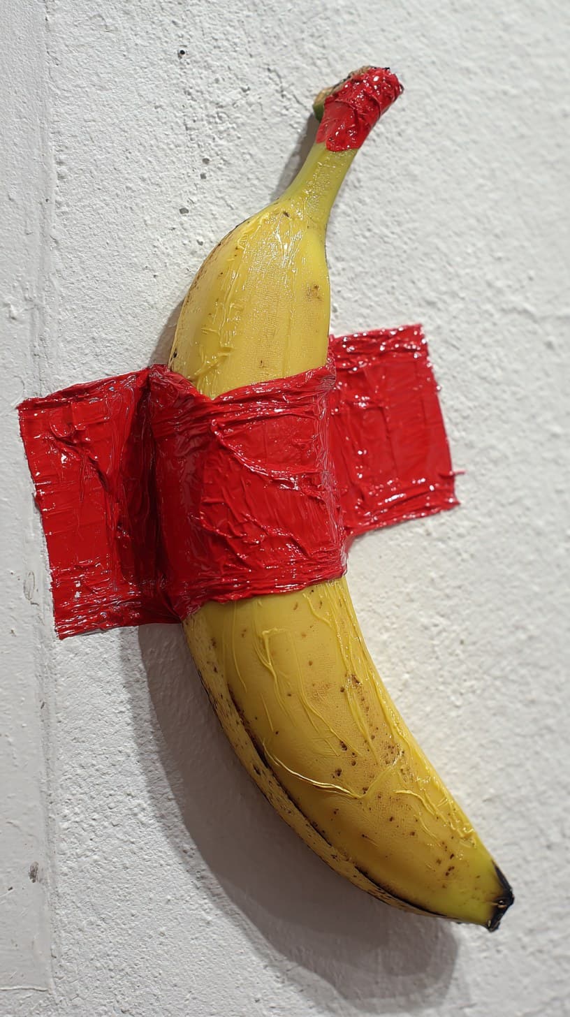 a banana ductaped on the wall, the ductape is red --ar 9:16
