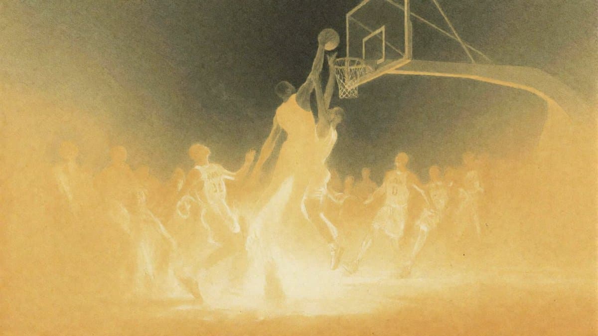 vintage watercolor illustration of a basketball player dunki