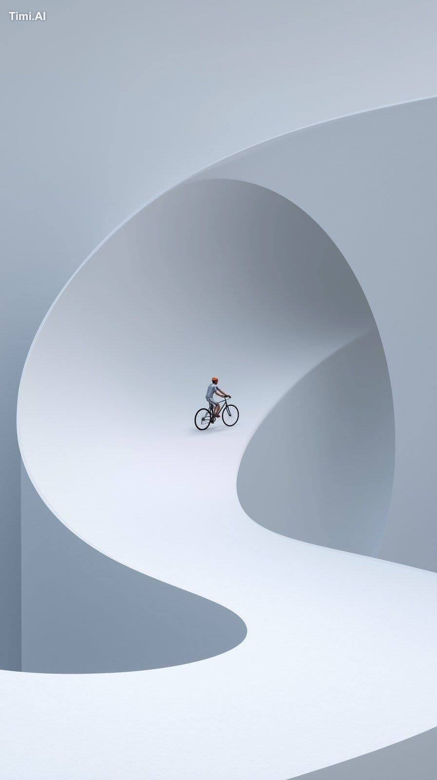 Clean, minimalist composition: A single tiny cyclist rides a