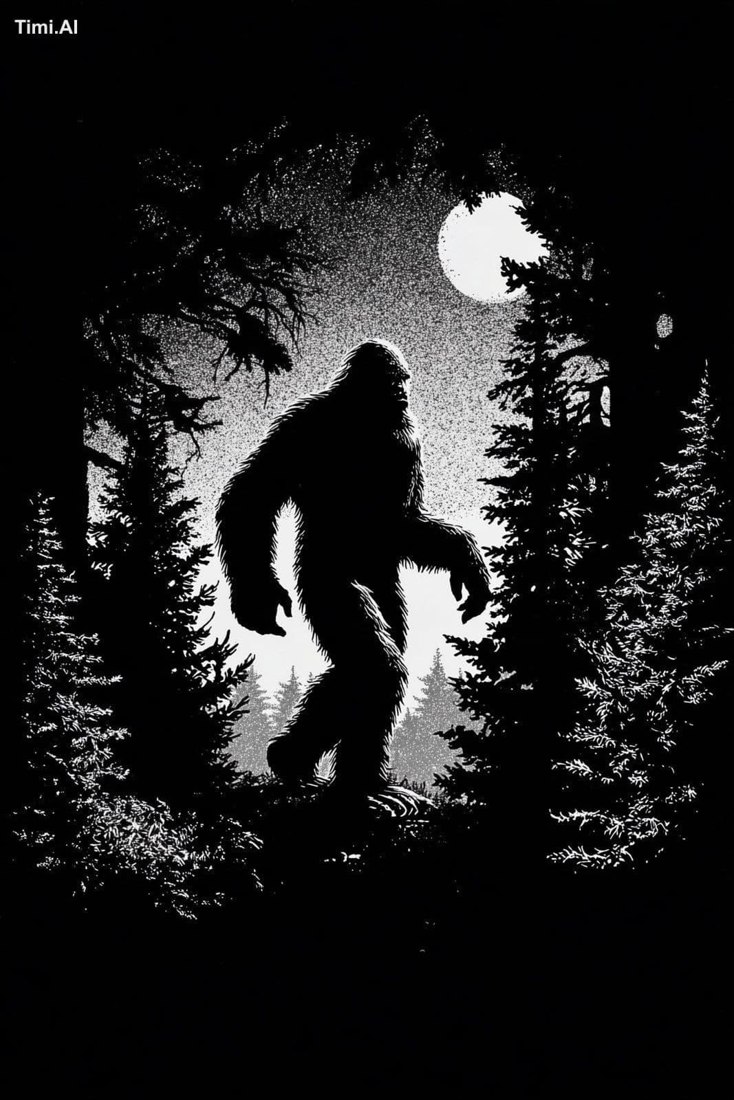 black and white illustration, Bigfoot silhouette mostly in s