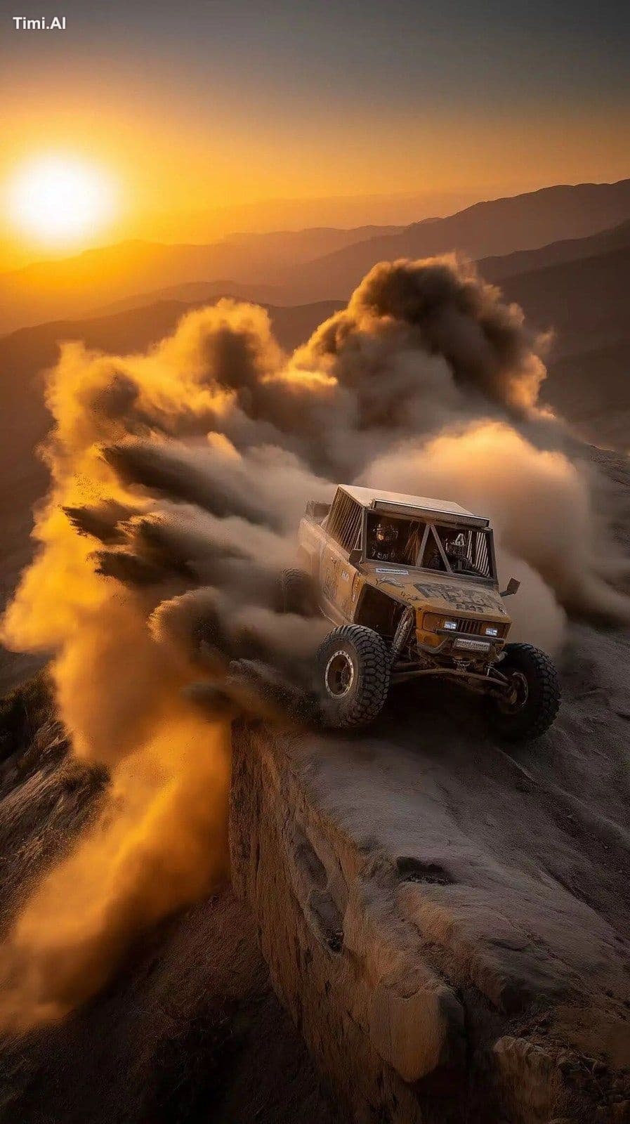 Ultra4 race truck in mid-drifting brake turn atop cliff plat