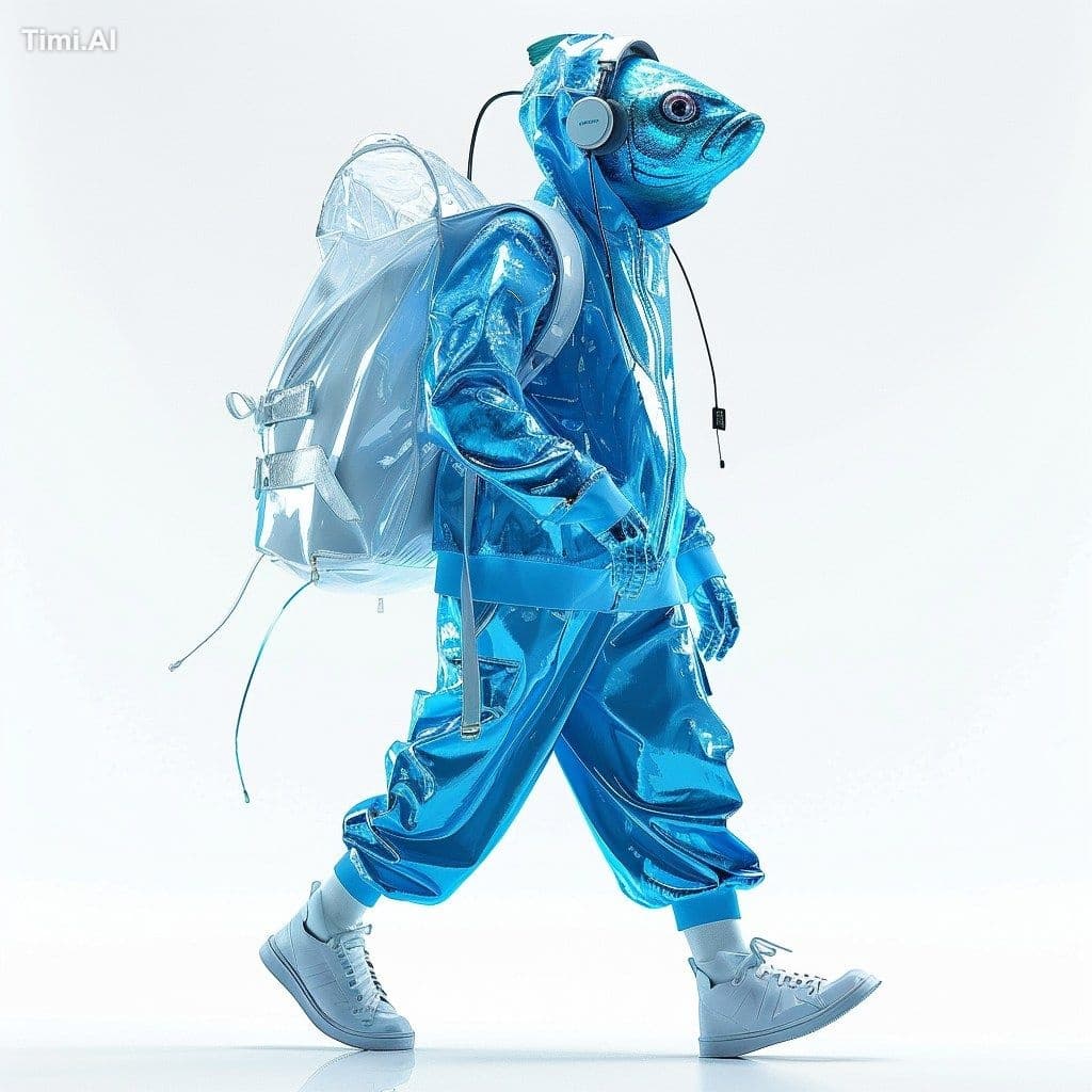 A fish-human hybrid with a fish head and a human body, dress