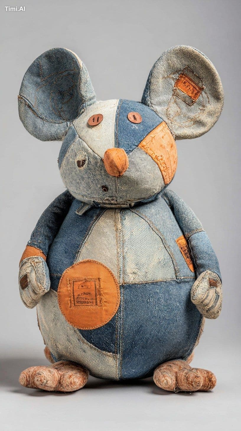Whimsical mouse-shaped plush, chubby body,Embarrassed expres