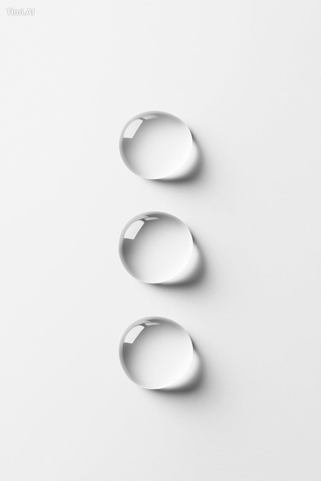 White background, three drops of water on the surface, top v