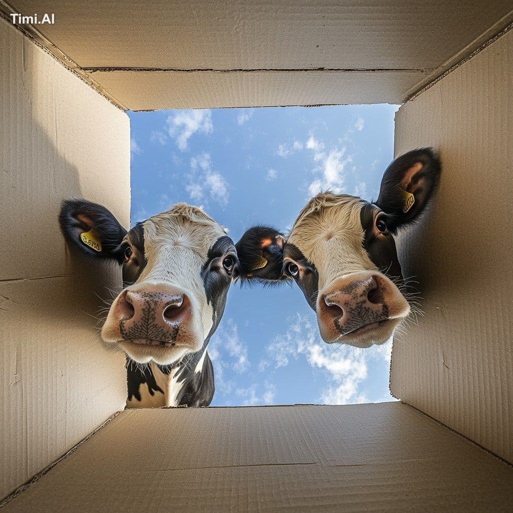 2 cows peeking through an empty cardboard box, top angle vie