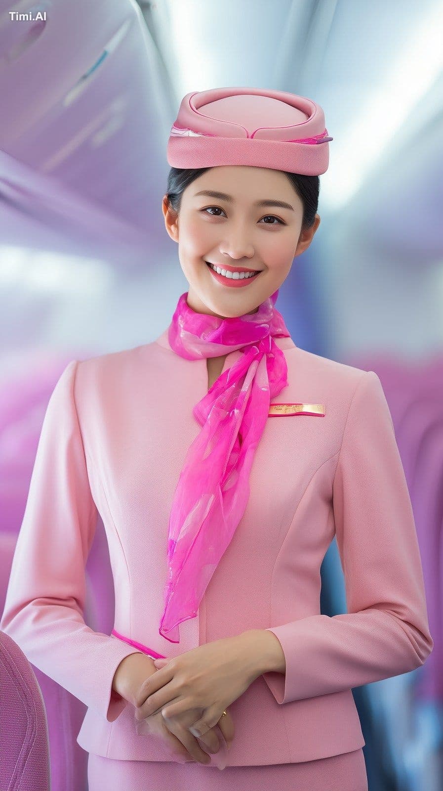 friendly young Chinese female flight attendant, smiling warm