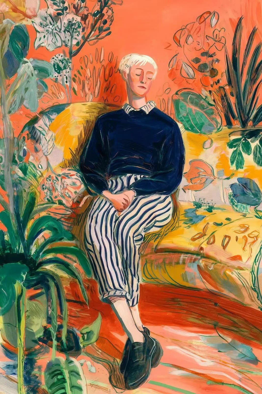 an oil painting of an androgynous person with short white ha