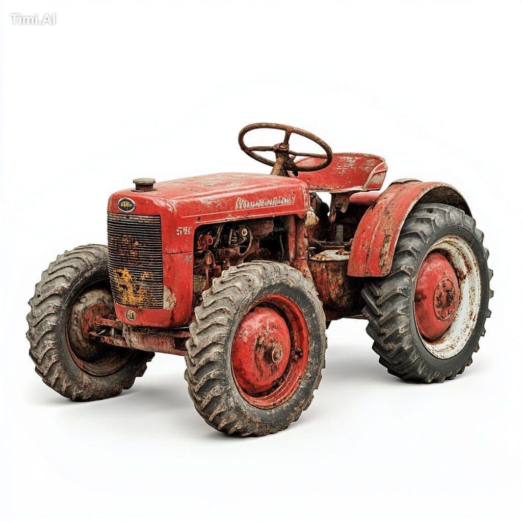 Detailed depiction of a classic red tractor with vintage sty