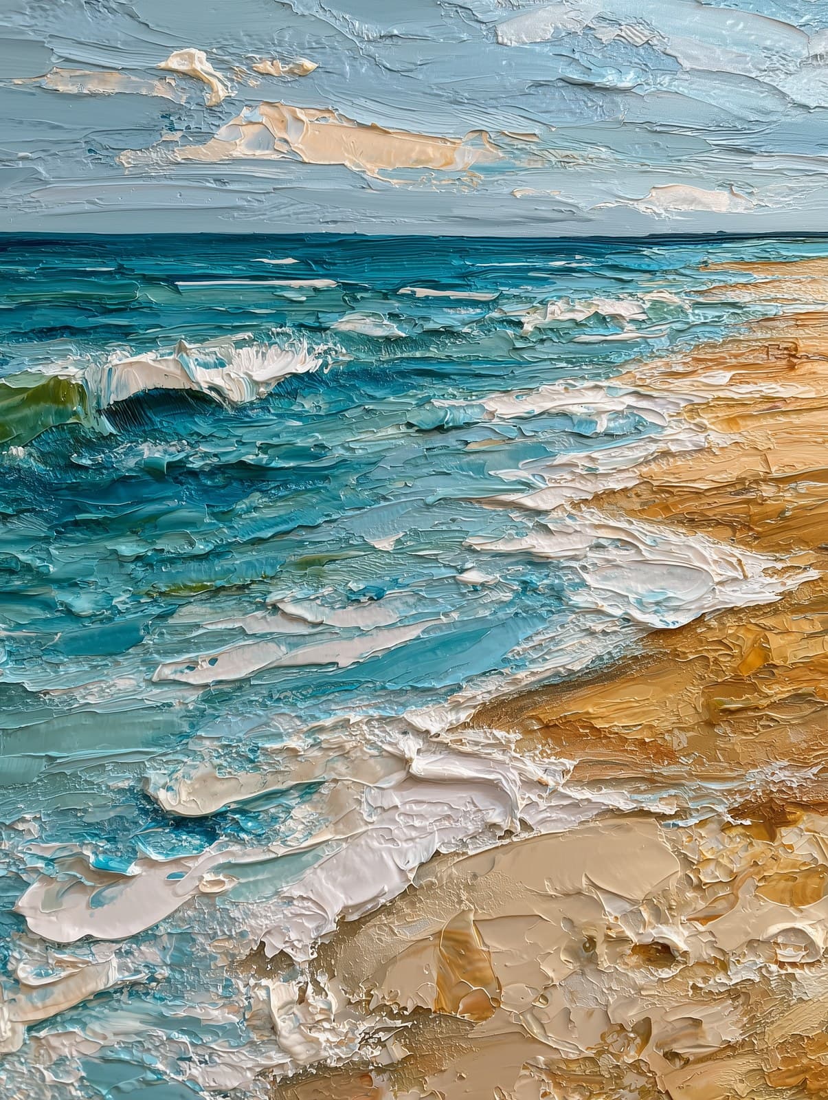 An expressive oil painting of a seashore in impasto style, w