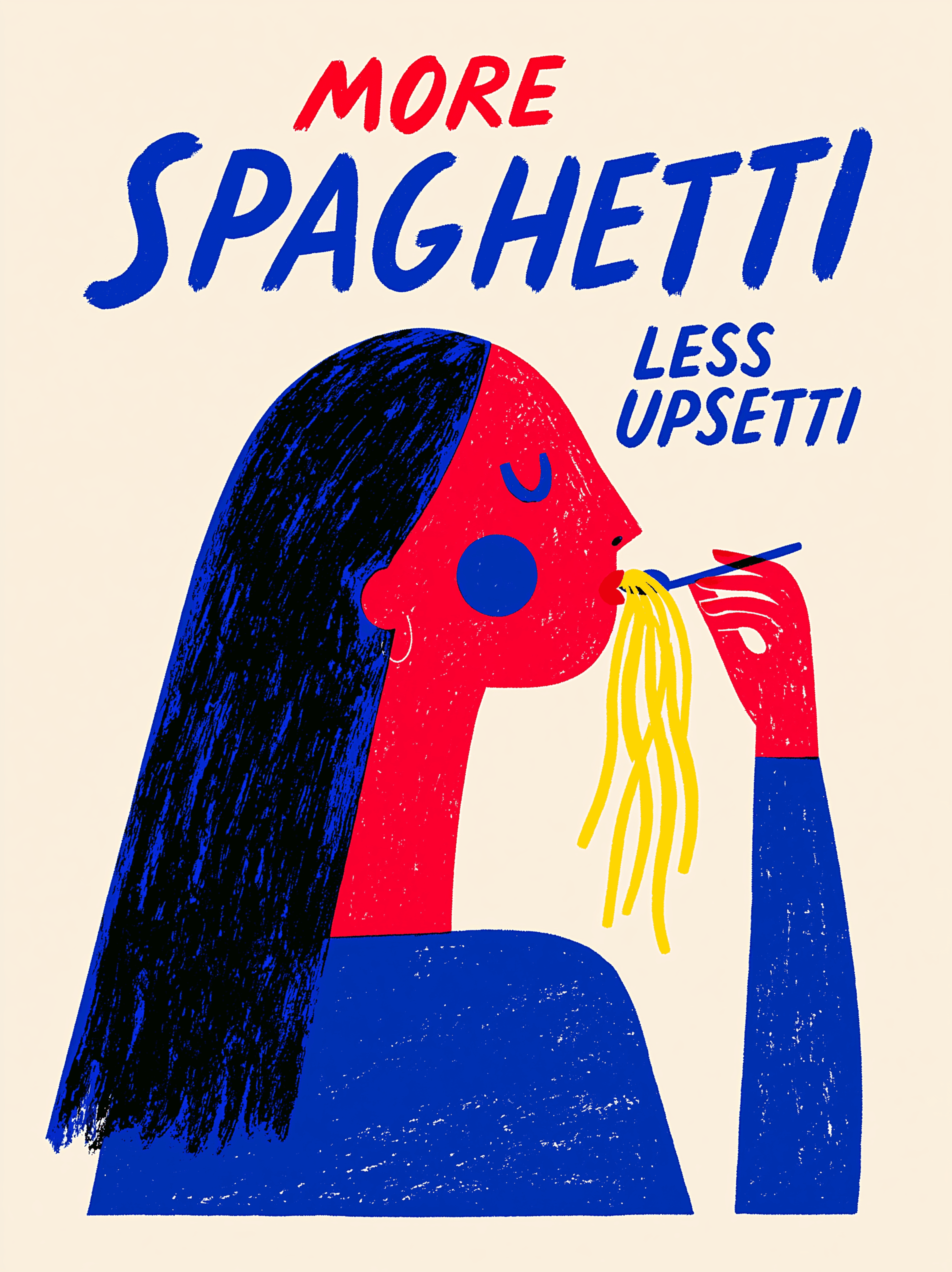 woman eating spaghetti, with bold vintage typography reading